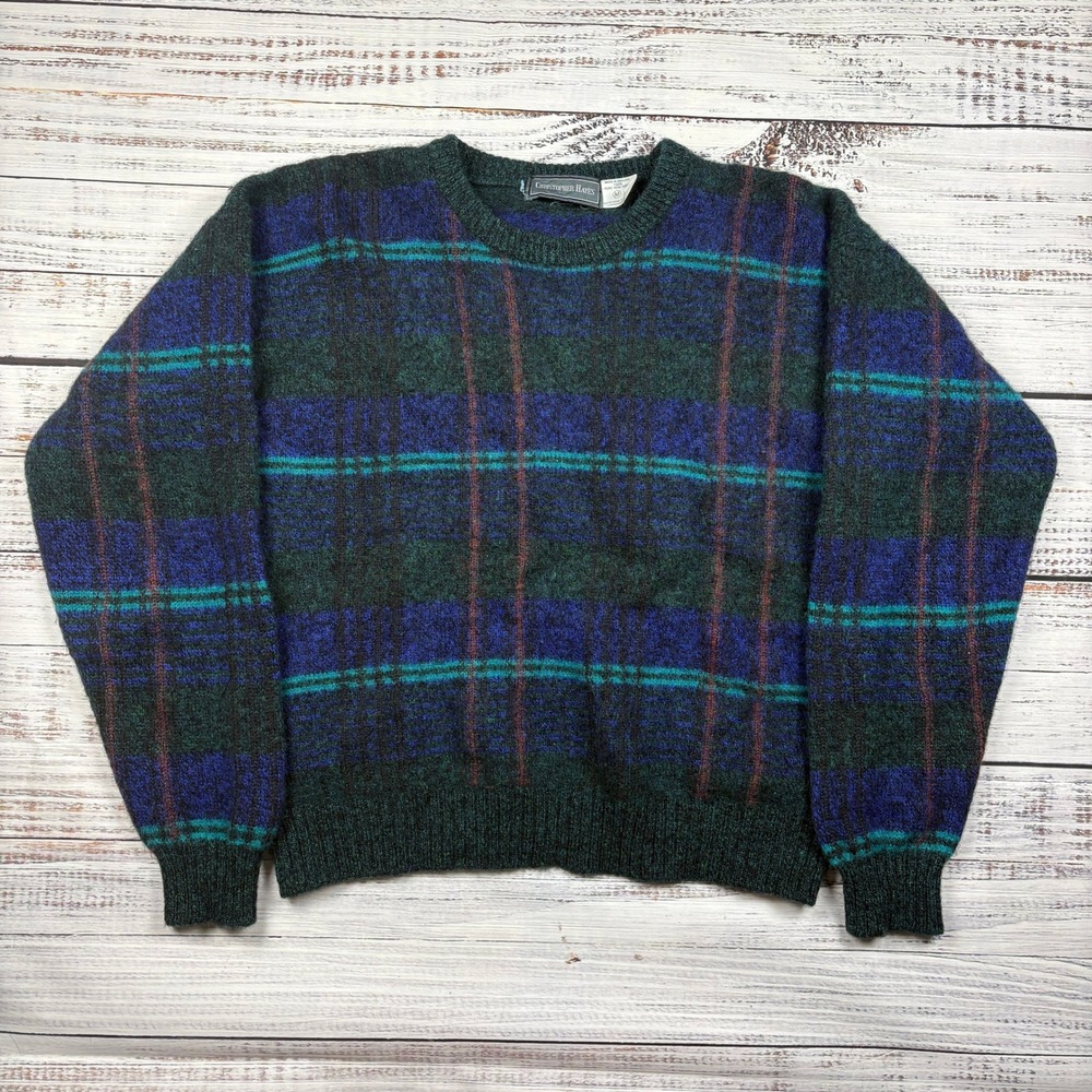 Vintage Y2K Christopher Hayes Plaid Wool Sweater Navy Green Size Medium